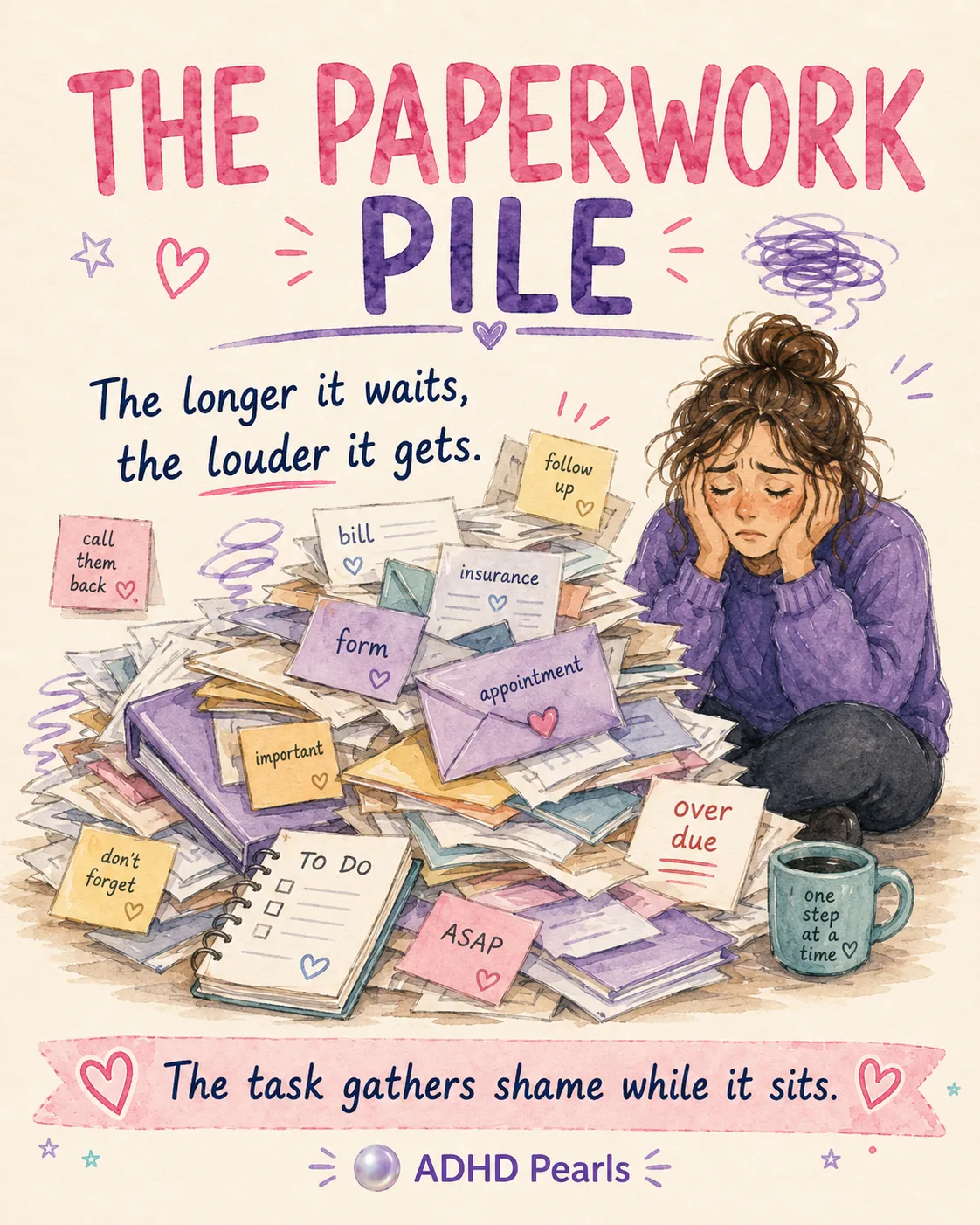 ADHD paperwork pile illustration showing overdue bills, forms, appointments, and admin overwhelm