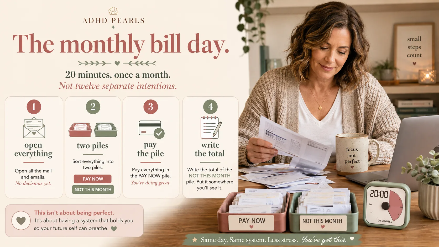 Woman with ADHD doing a monthly bill day with a twenty-minute timer, opened post, and two simple trays labelled pay now and not this month.