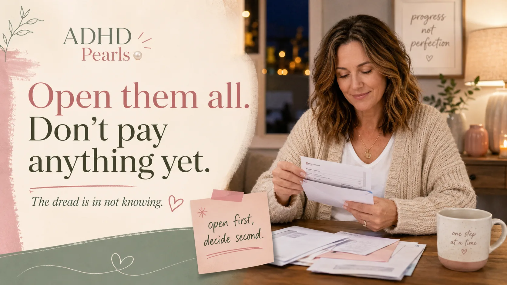 Woman with ADHD calmly opening a pile of unopened bills at night without paying anything yet, showing that opening the post is a step of its own.