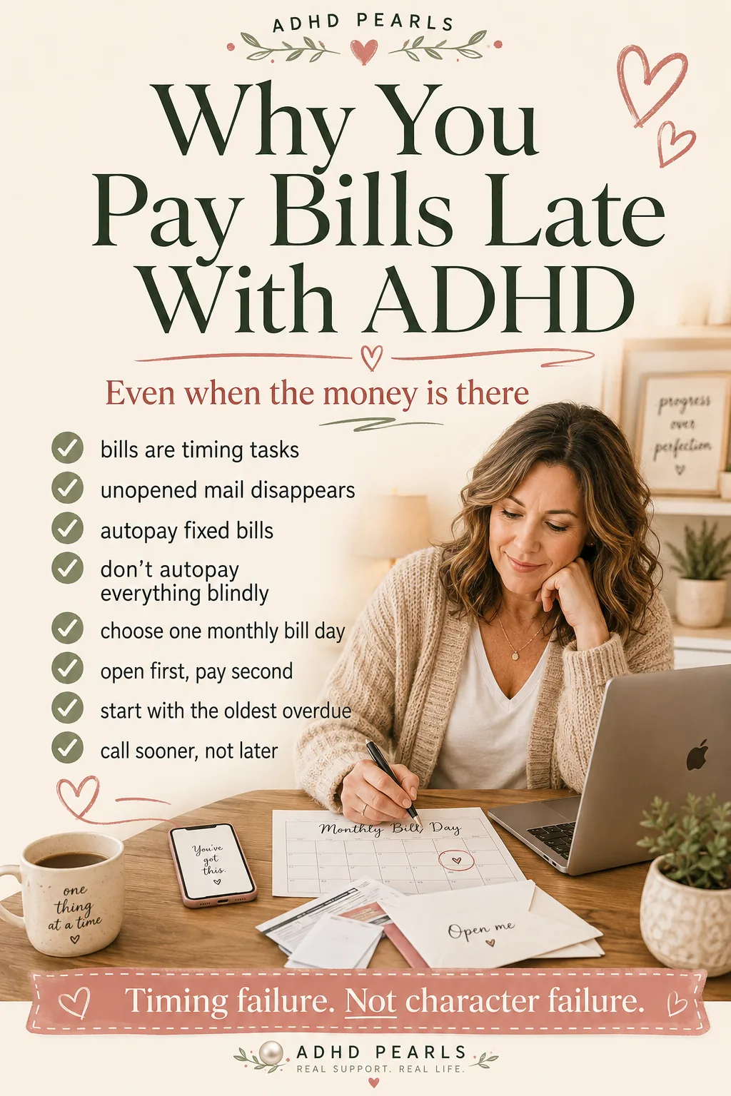 Pinterest pin about paying bills late with ADHD, explaining that bills are timing tasks, unopened mail disappears, autopay suits fixed bills but not everything, and one monthly bill day reduces missed deadlines.