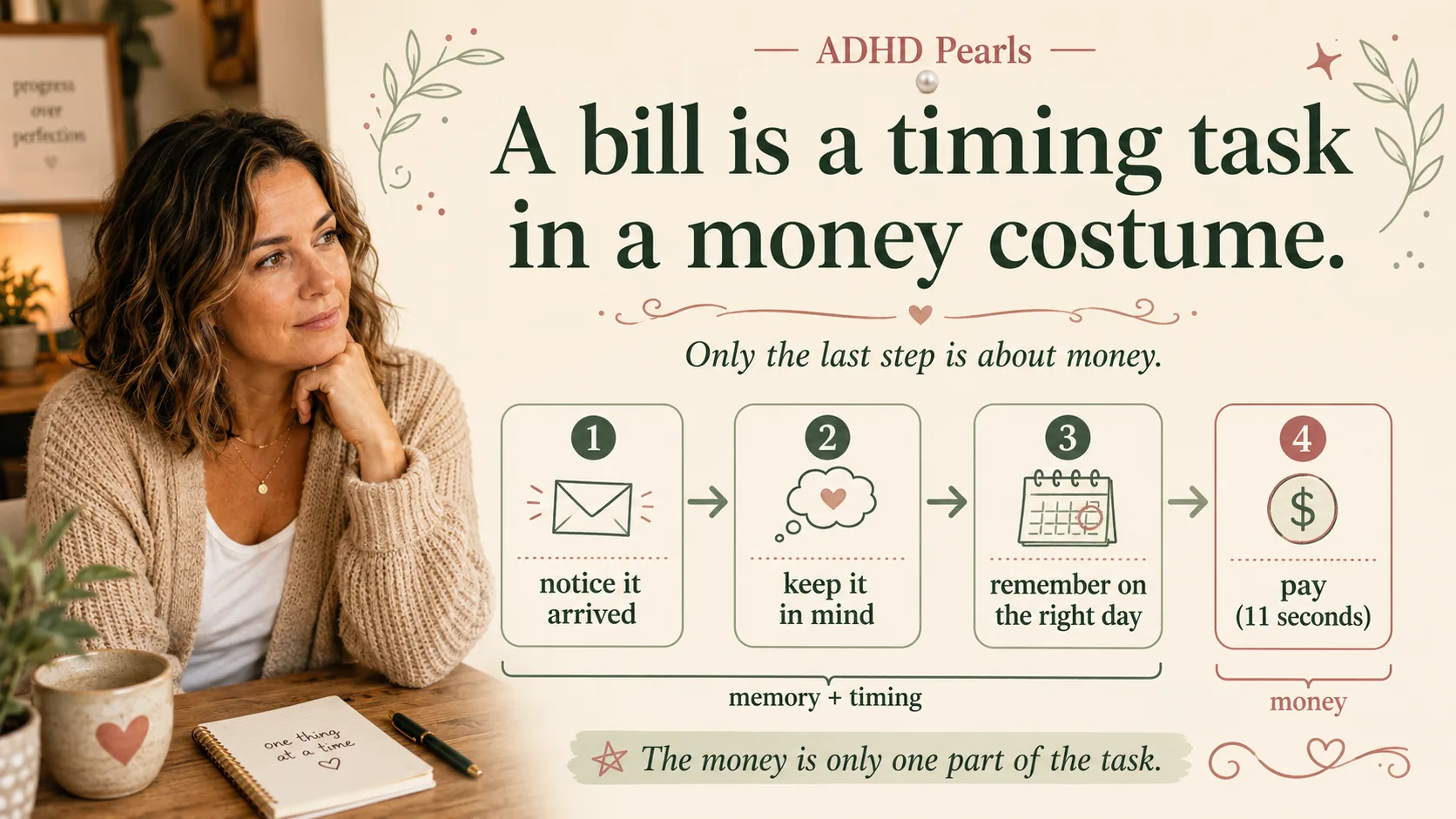 Infographic showing that paying a bill means noticing it arrived, keeping it in mind, remembering on the right day, and only then paying - three memory and timing steps before any money is involved.