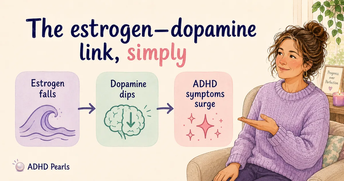 Illustration of estrogen falling, dopamine dipping, and ADHD symptoms rising in the brain