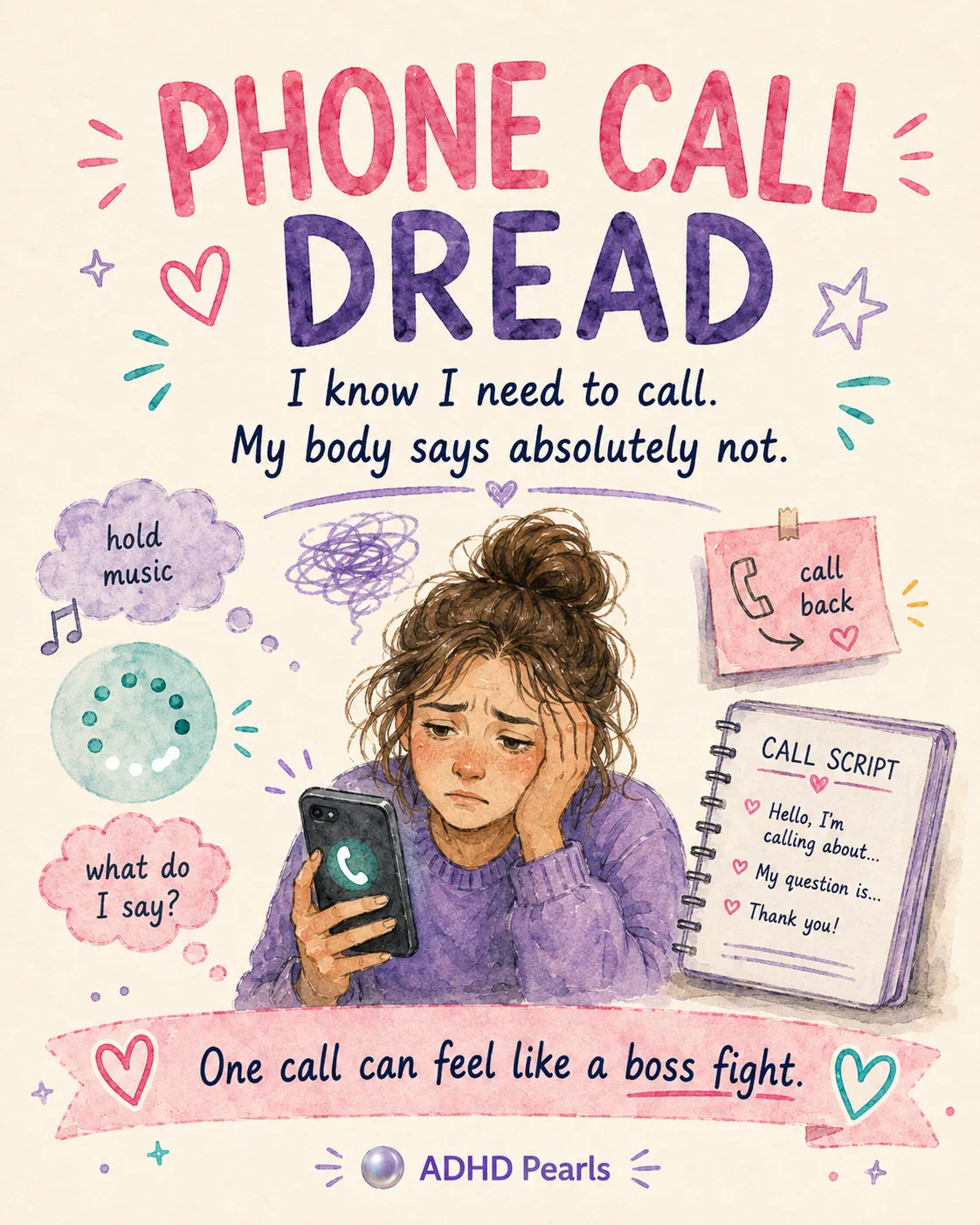 ADHD phone call dread illustration showing anxiety around making a simple phone call