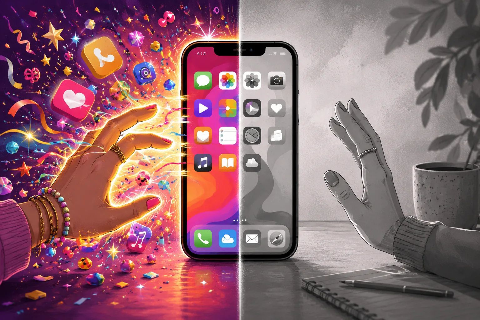 Colorful smartphone compared with grayscale mode to reduce ADHD doomscrolling