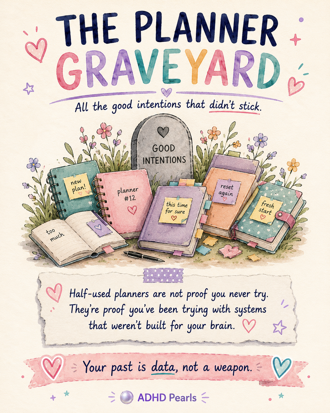 ADHD planner graveyard illustration with abandoned planners and good intentions that did not stick