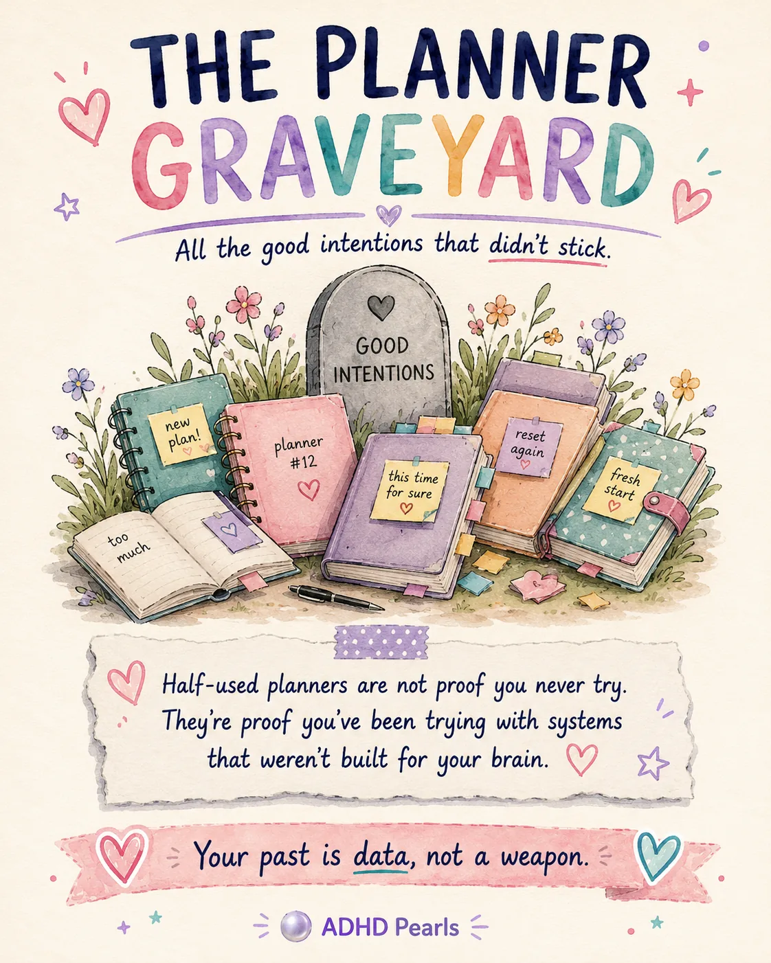 ADHD planner graveyard illustration with abandoned planners and good intentions that did not stick