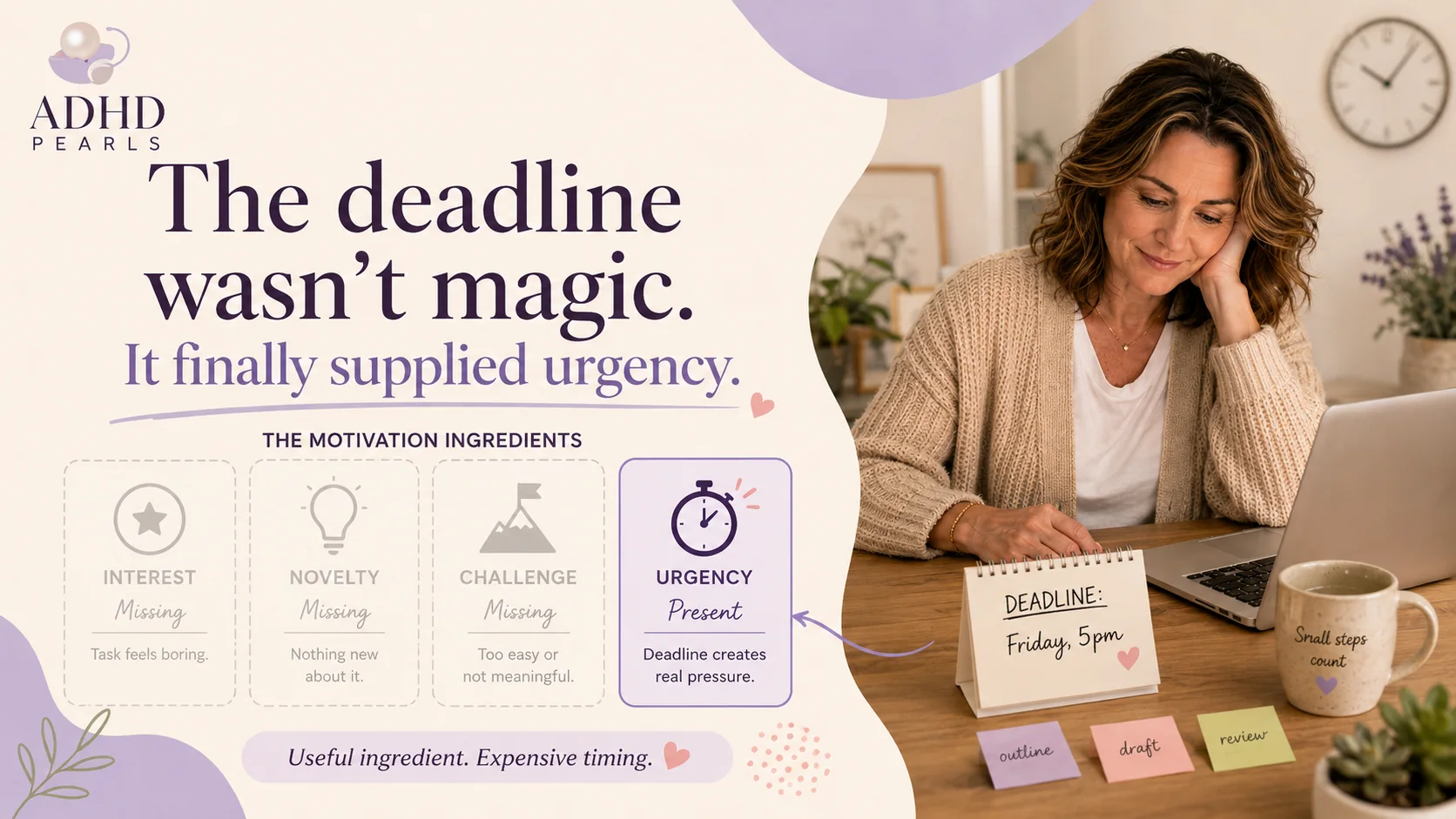 ADHD procrastination infographic explaining that a deadline can supply urgency when interest, novelty, and challenge are missing.
