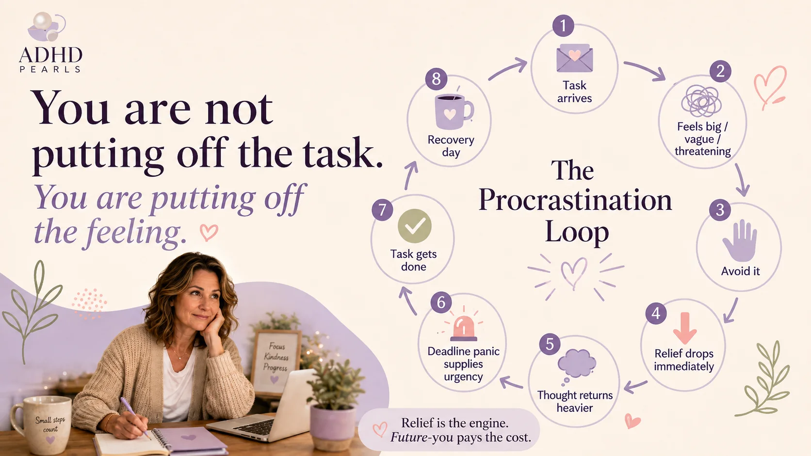 ADHD procrastination loop infographic showing how a task feels threatening, gets avoided, brings immediate relief, returns heavier, and is finally done under deadline urgency.