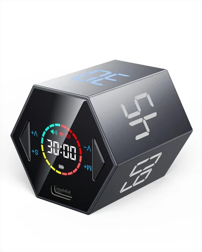Ticktime T6 pomodoro cube timer with flip-to-start faces for 5, 15, 25, 30, 45 and 60 minutes.