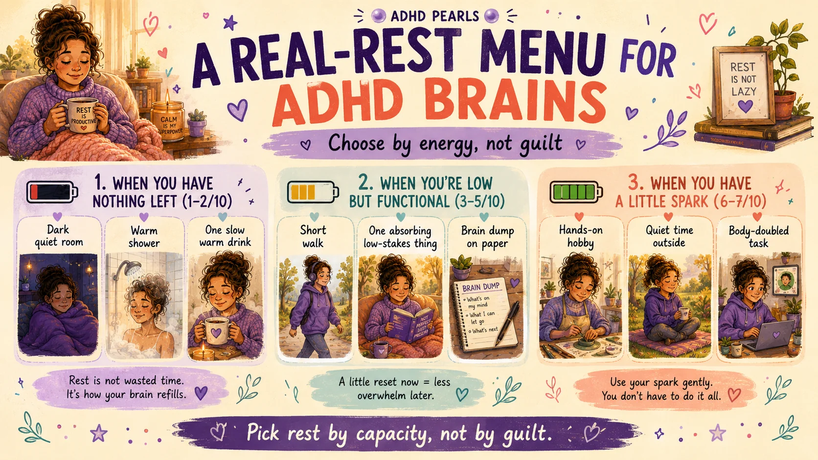 ADHD real-rest menu with restorative options for very low, moderate and slightly higher energy levels.