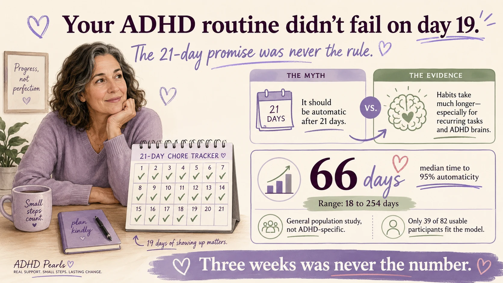 ADHD routine infographic challenging the 21-day habit myth and showing that habit automaticity varied widely in the general population study.