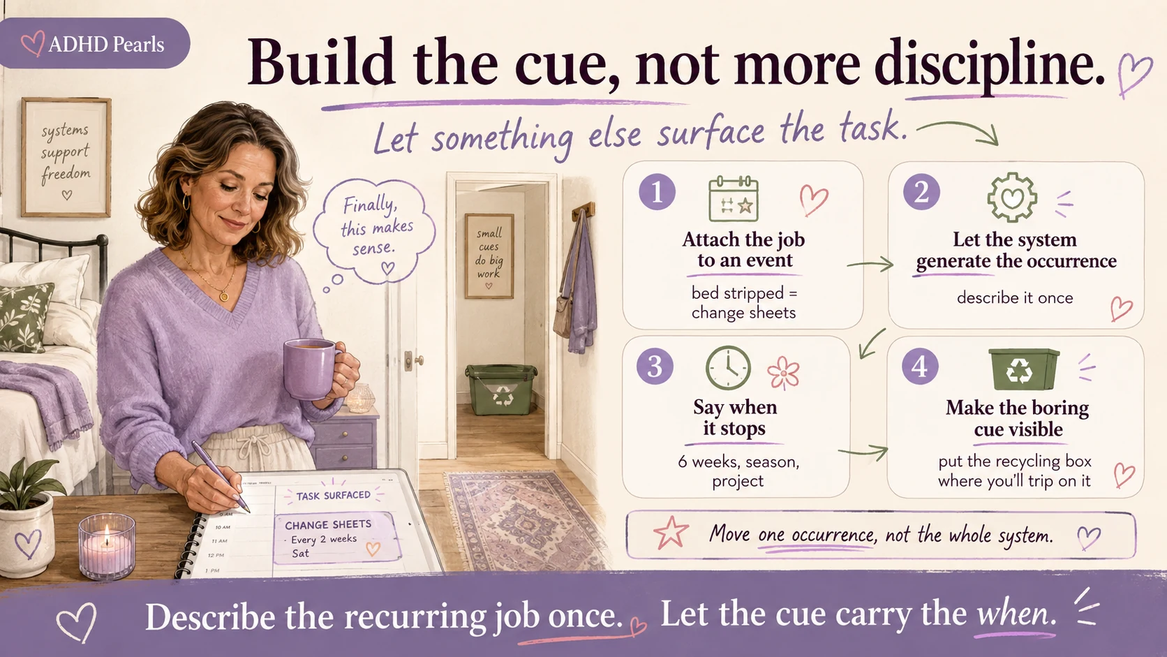 Woman with ADHD using external cues and recurring scheduling strategies to make household tasks appear at the right time without rebuilding the schedule each week.
