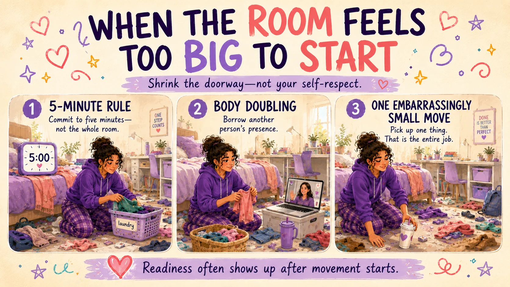 Three ways to begin cleaning an overwhelming ADHD room: a five-minute timer, body doubling and picking up one item.