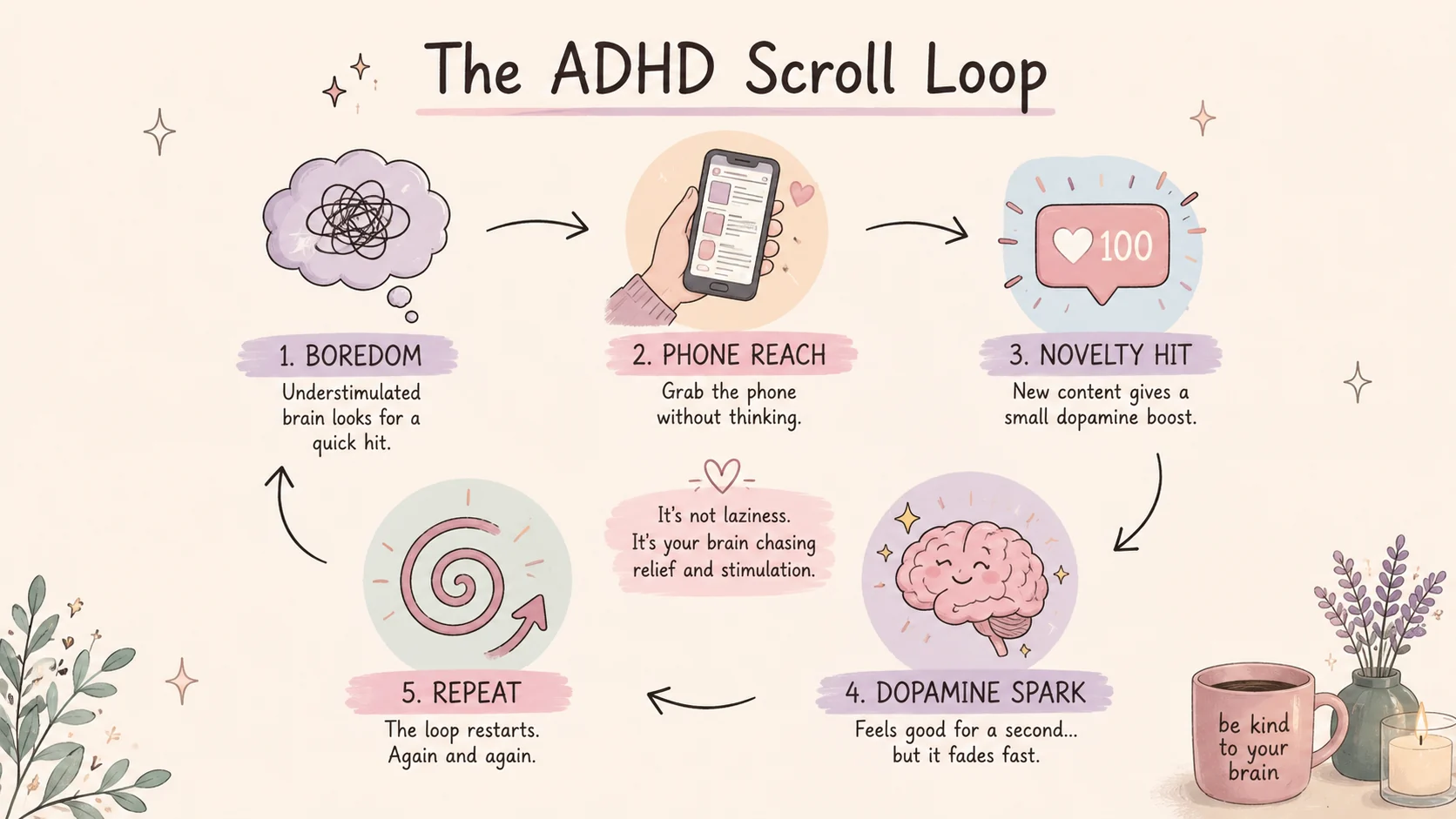 Pastel infographic showing the ADHD scrolling loop from boredom to phone reach, novelty hit, dopamine spark, and repeat.