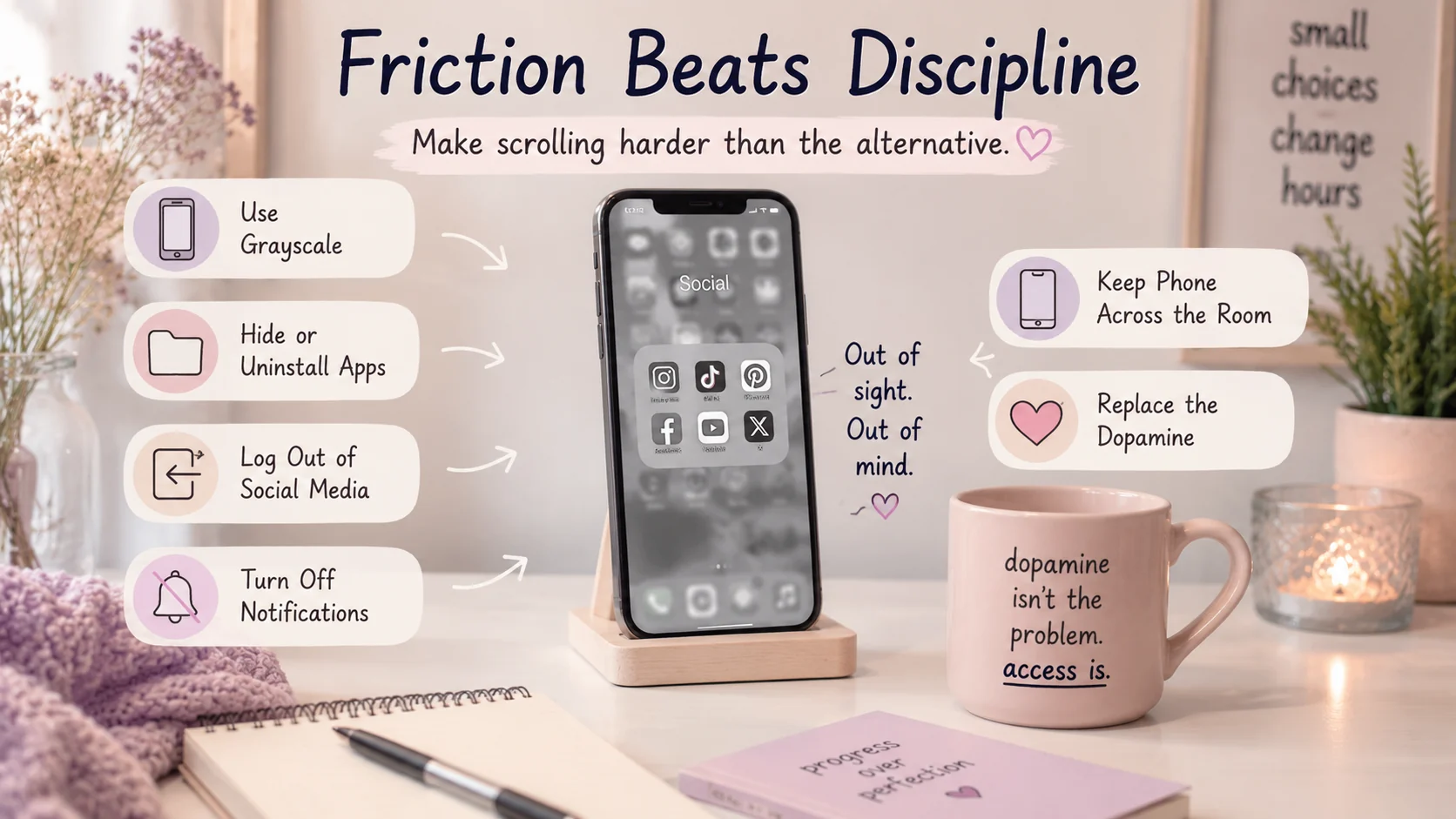 Pastel ADHD-friendly desk scene showing friction tricks to reduce mindless scrolling, including grayscale, app hiding, logging out, and turning off notifications.