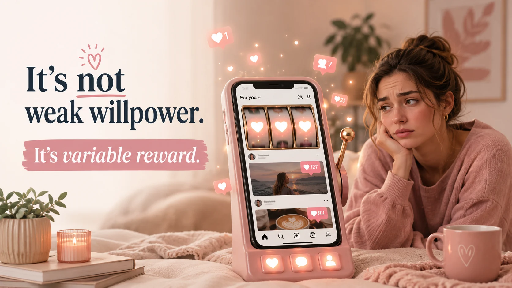 Phone displayed like a social media slot machine showing how ADHD scrolling is driven by variable reward, not weak willpower.