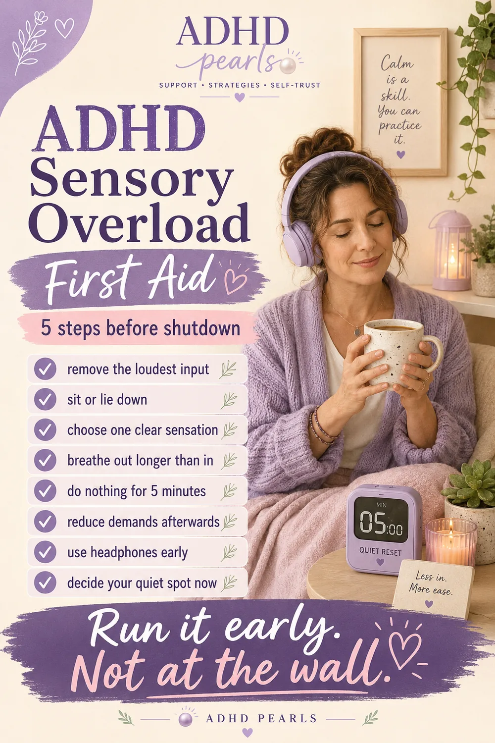Pinterest pin for ADHD sensory overload first aid with steps to remove the loudest input, sit or lie down, choose one clear sensation, lengthen the exhale, do nothing for five minutes, and use headphones early.