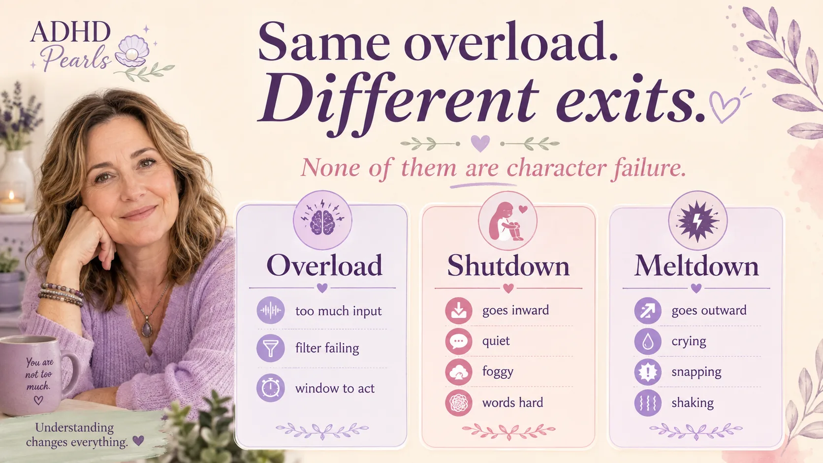 ADHD sensory overload infographic comparing overload, shutdown, and meltdown as different nervous system responses rather than character failures.