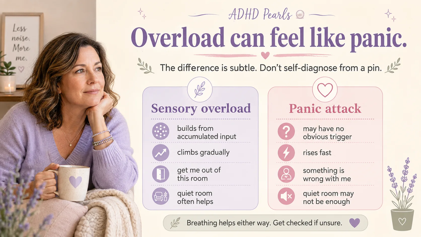 Infographic comparing sensory overload and panic attacks, explaining that overload often builds from accumulated input while panic may rise fast and need medical evaluation if unclear.