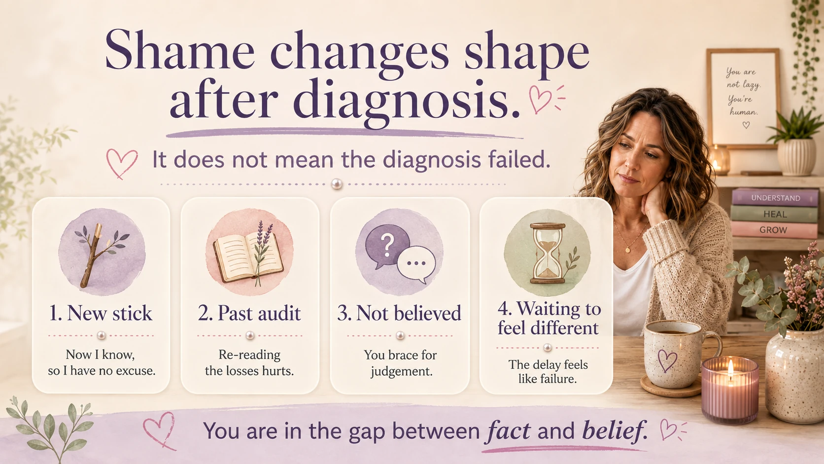 ADHD shame infographic showing four ways shame reappears after diagnosis: a new stick to hit yourself with, the past audit, bracing for not being believed, and waiting to feel different.