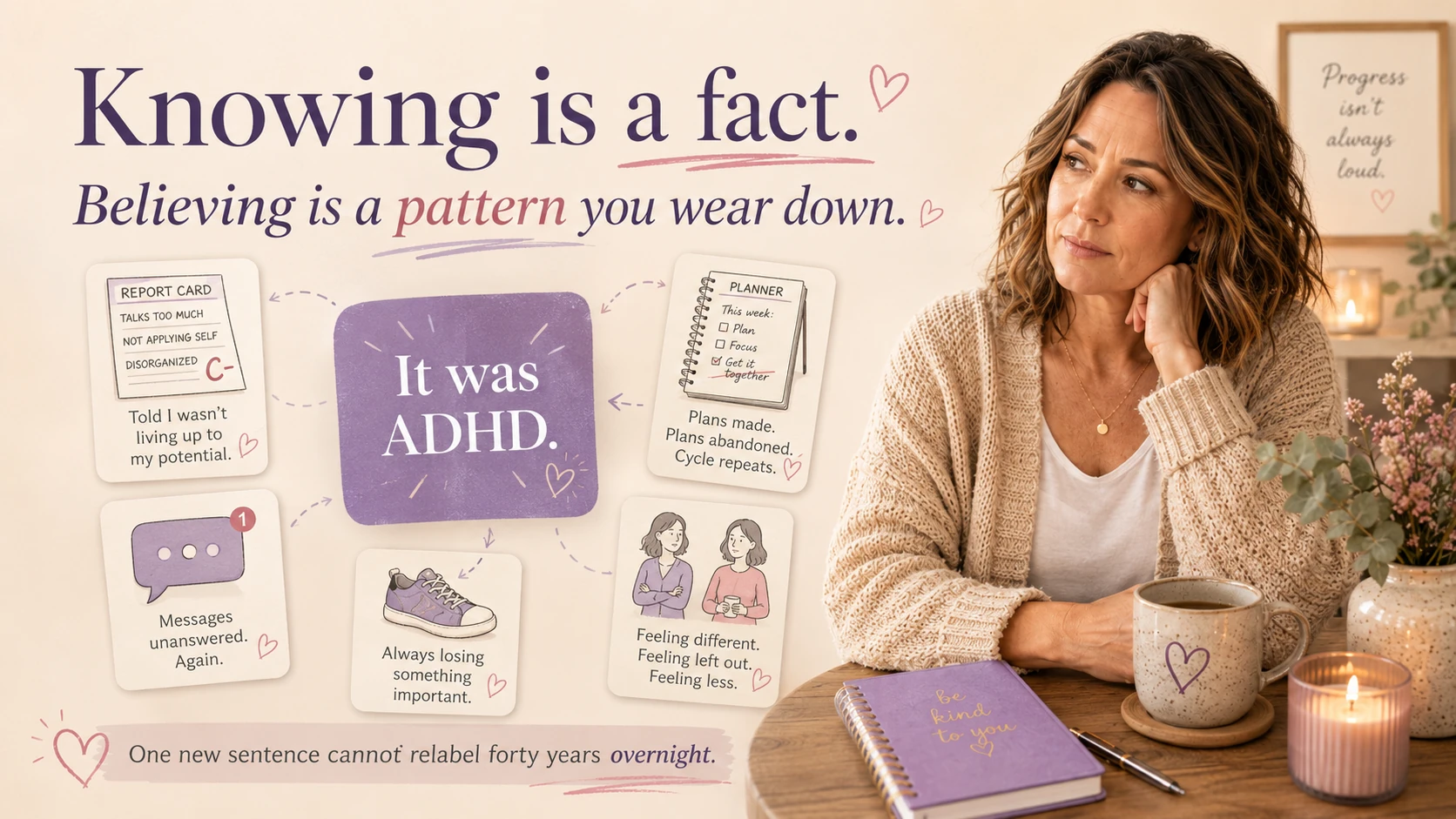 ADHD shame infographic showing that knowing it was ADHD is a single fact, while believing it emotionally takes time because old memories - report cards, unanswered messages, abandoned planners - still carry shame.