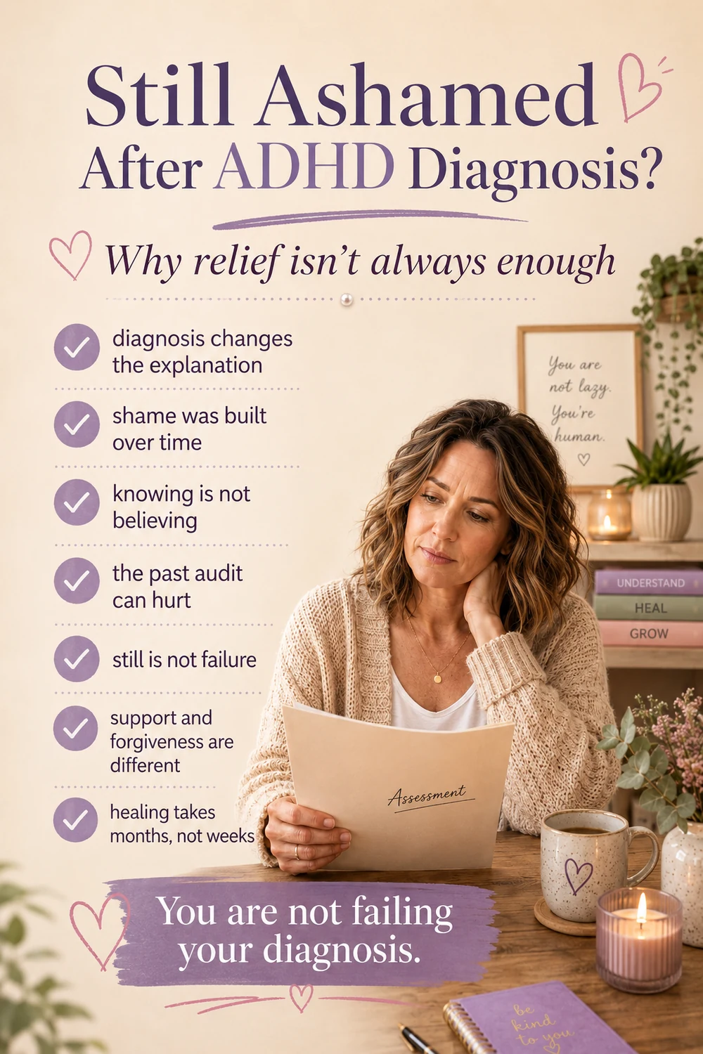 Pinterest pin about still feeling ashamed after an ADHD diagnosis, explaining that the diagnosis changes the explanation, that shame was built over time, and that healing takes months rather than weeks.