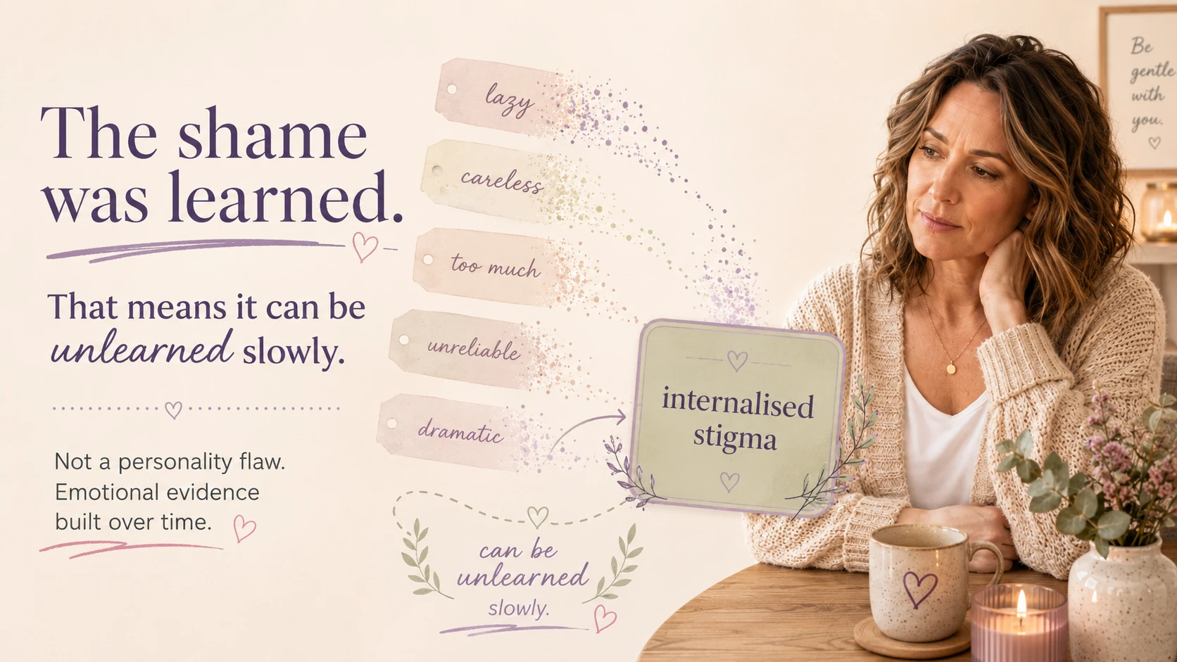 Woman reflecting as old labels - lazy, careless, too much, unreliable, dramatic - dissolve into the idea of internalised stigma after a late ADHD diagnosis.