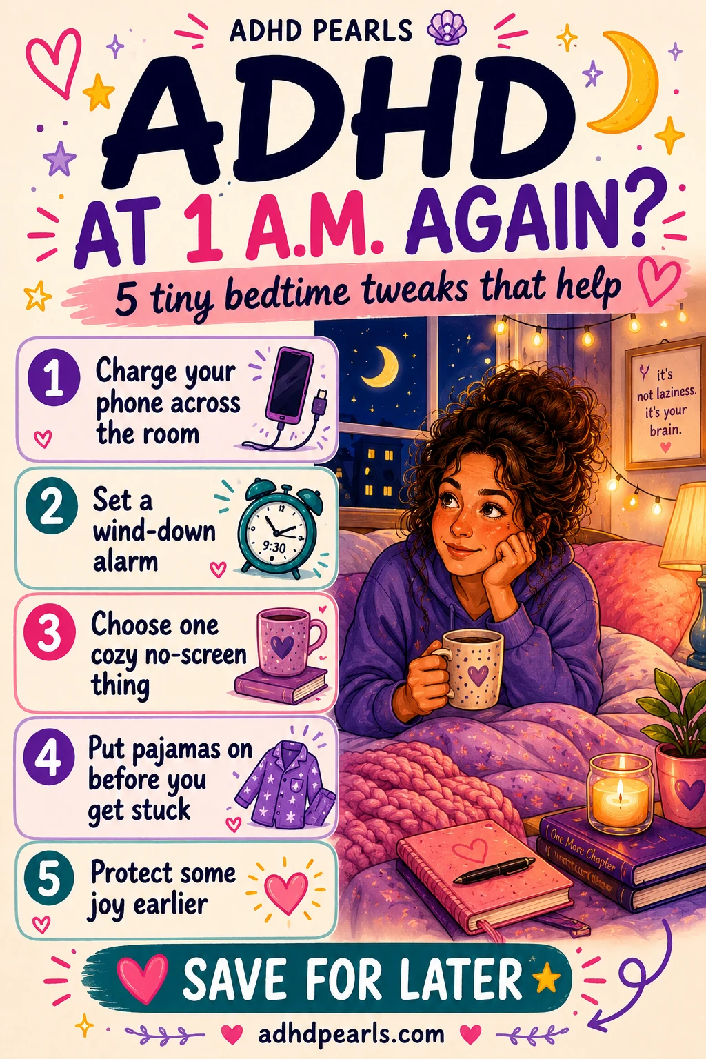 Vertical ADHD Pearls infographic with five ADHD bedtime tweaks and a Save for Later prompt.