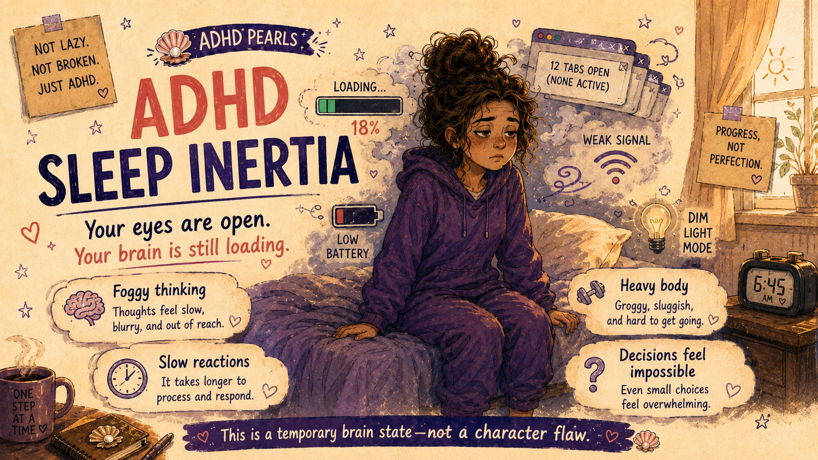 Woman experiencing ADHD sleep inertia with a low battery, brain-loading bar, foggy thinking, slow reactions and a heavy body.