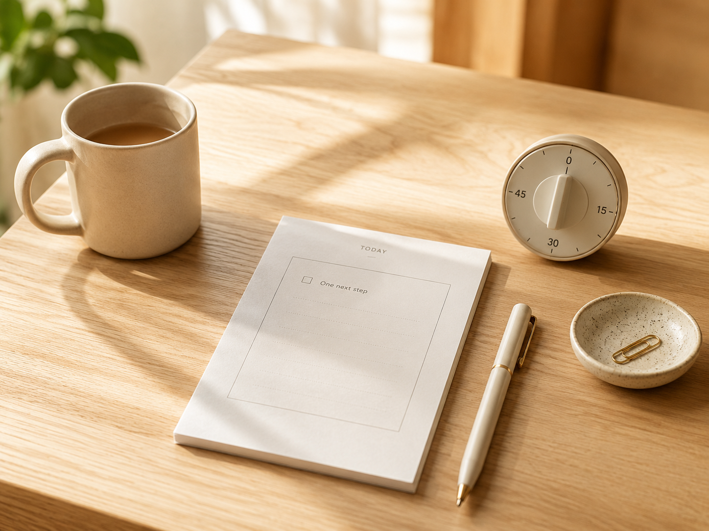 A simple planning setup with a small one-step notepad, timer, pen and coffee, representing low-friction ADHD planning and gentler systems.