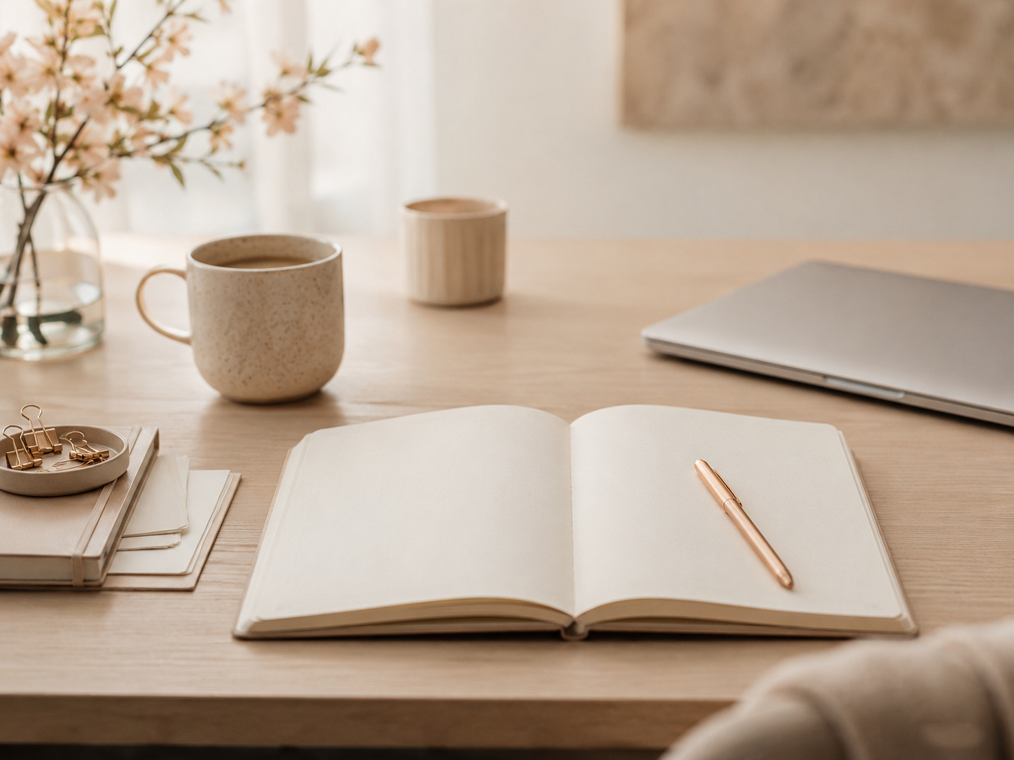 A clean desk with an open blank notebook, pen, coffee and closed laptop, representing the exhaustion of starting over with a new ADHD system again.