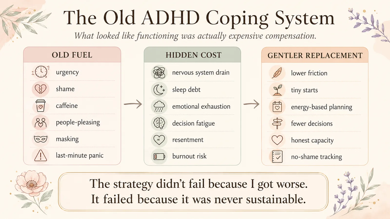 Infographic showing the old ADHD coping system, moving from urgency, shame, caffeine, people-pleasing and masking toward hidden costs and gentler replacement strategies.