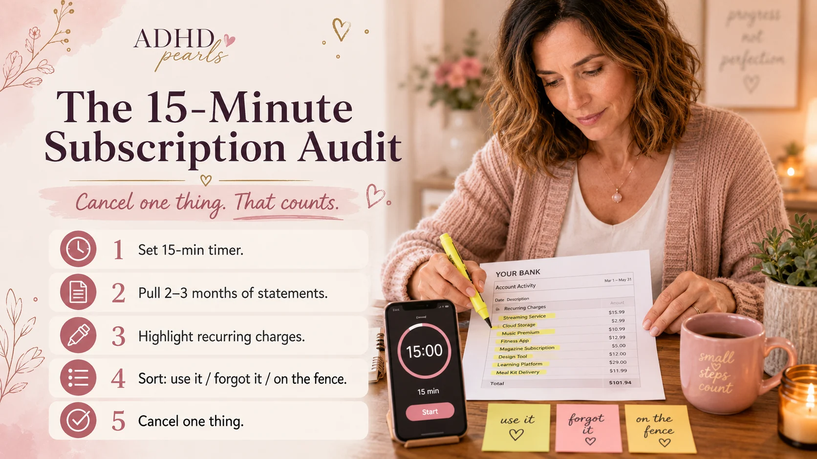 ADHD subscription audit guide showing a 15-minute timer, statements, highlighted recurring charges, and simple audit steps.