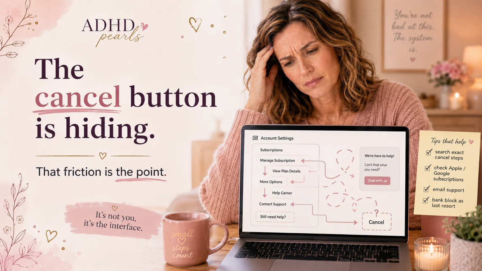 Woman with ADHD looking frustrated at a confusing subscription cancellation interface and a maze-like cancel path.