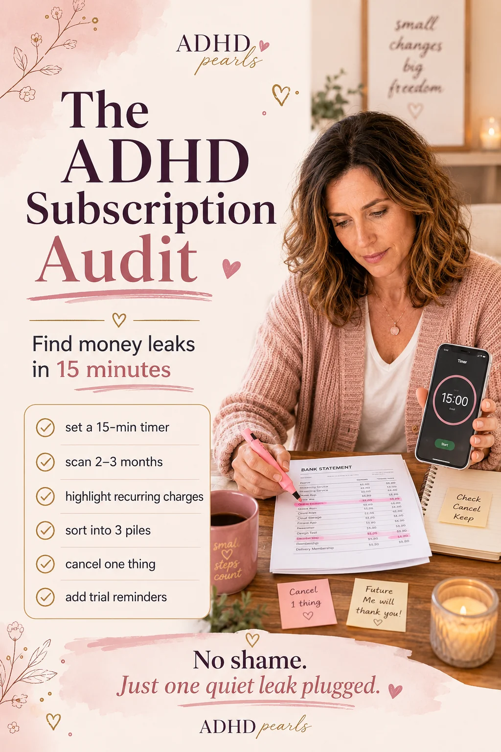 Pinterest pin for an ADHD subscription audit with a 15-minute checklist for finding money leaks, highlighting recurring charges, cancelling one thing, and adding trial reminders.