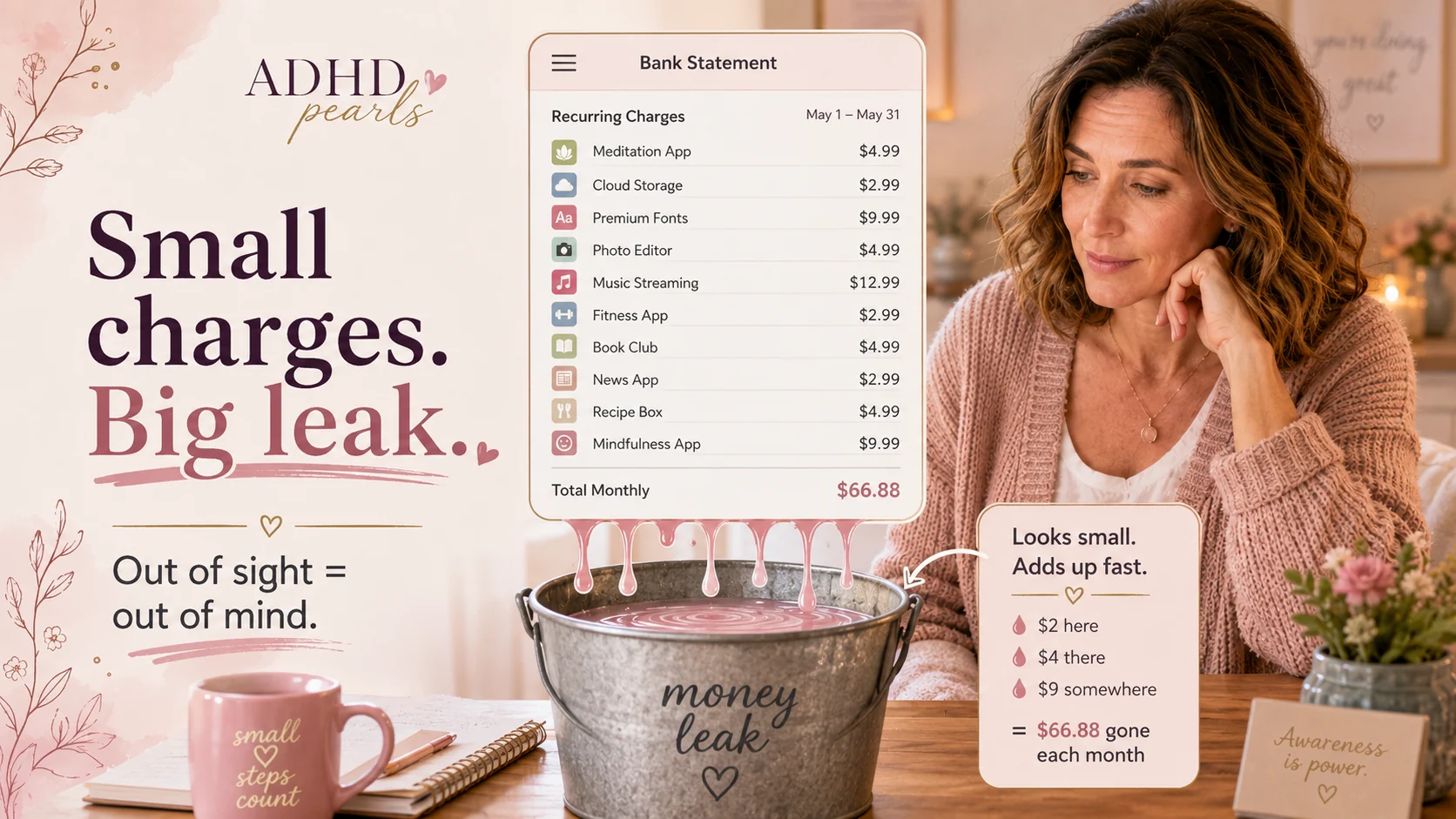 ADHD money leak infographic showing small recurring subscription charges adding up into a larger monthly loss.
