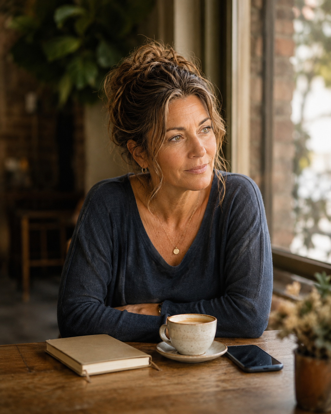 Michelle sitting in a quiet café with coffee and a notebook, looking out the window while experiencing ADHD brain fog in midlife.