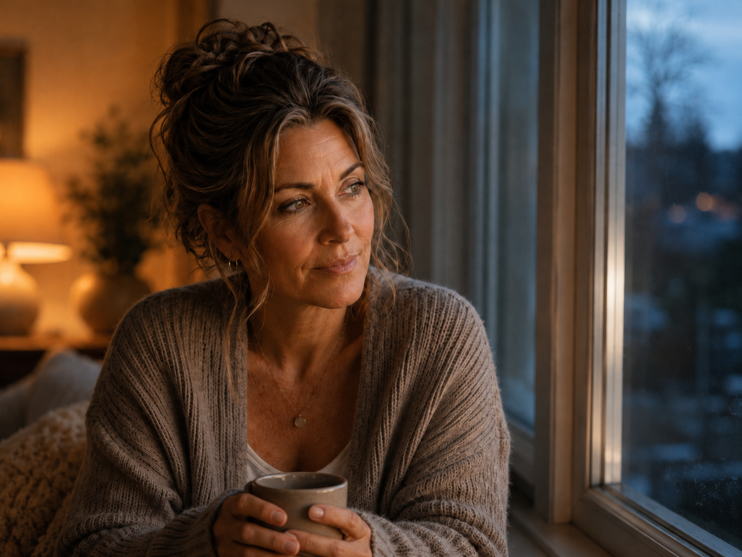 Michelle sitting by a window in the evening with a mug, looking quietly depleted after a day of worsened ADHD symptoms.