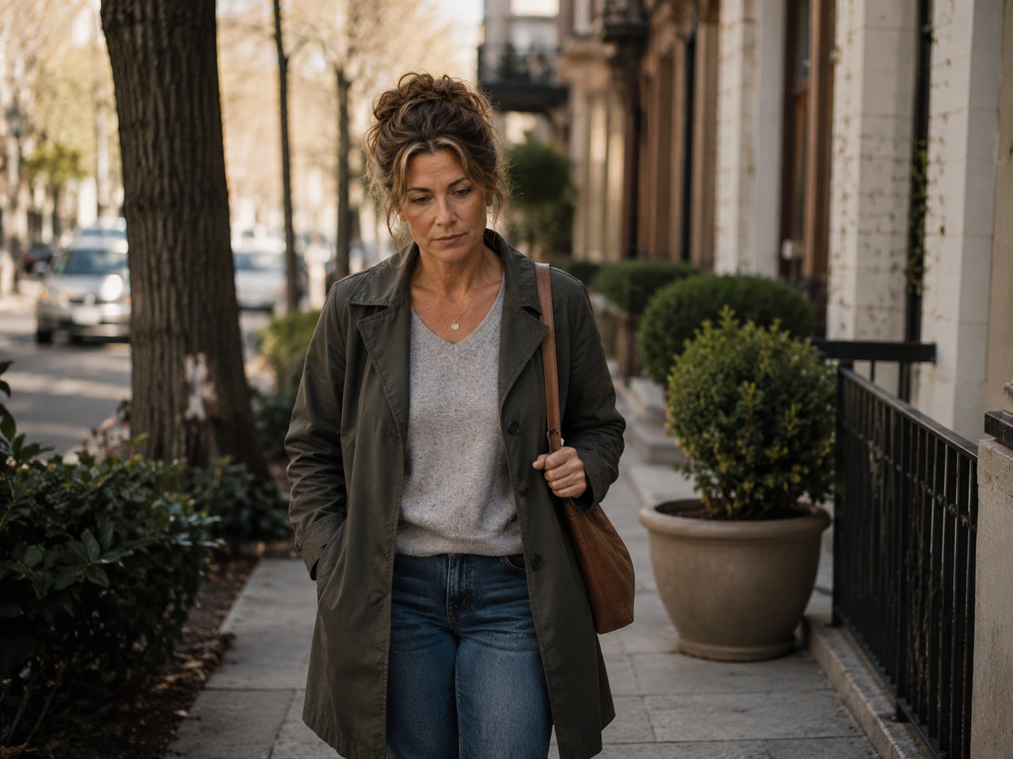 Michelle walking alone on a quiet tree-lined street, looking reflective and tired during a low-capacity ADHD day in her 40s.