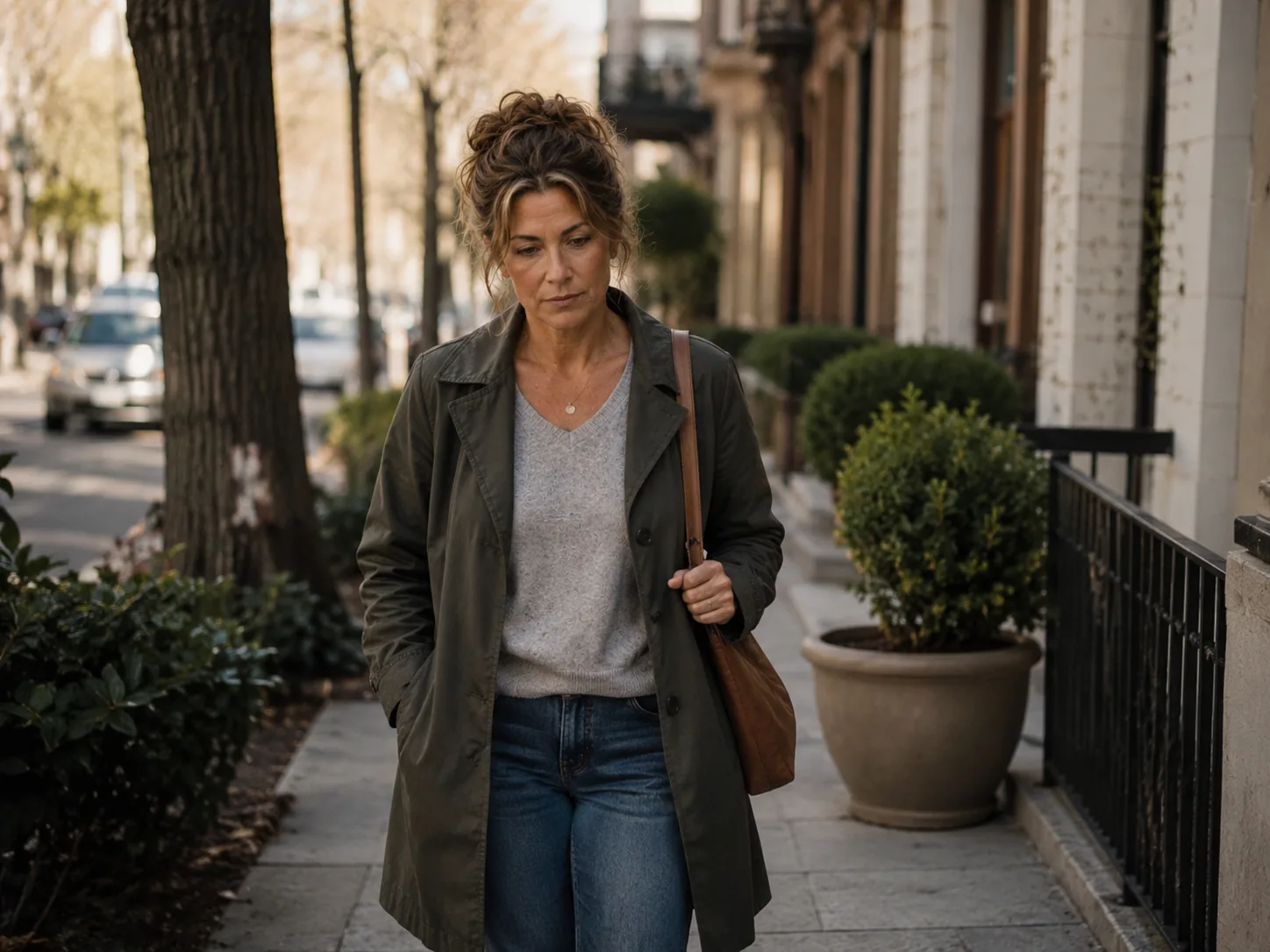 A woman with ADHD walking alone on a quiet tree-lined street, looking reflective and tired during a low-capacity ADHD day in her 40s.