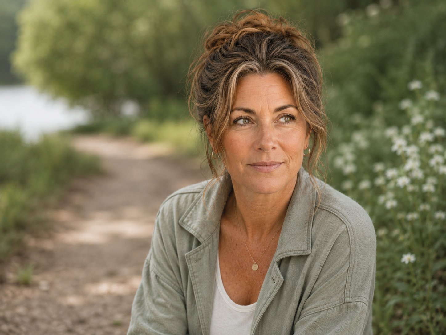 Michelle sitting outdoors on a quiet nature path, reflecting on capacity, ADHD symptoms, and perimenopause changes.