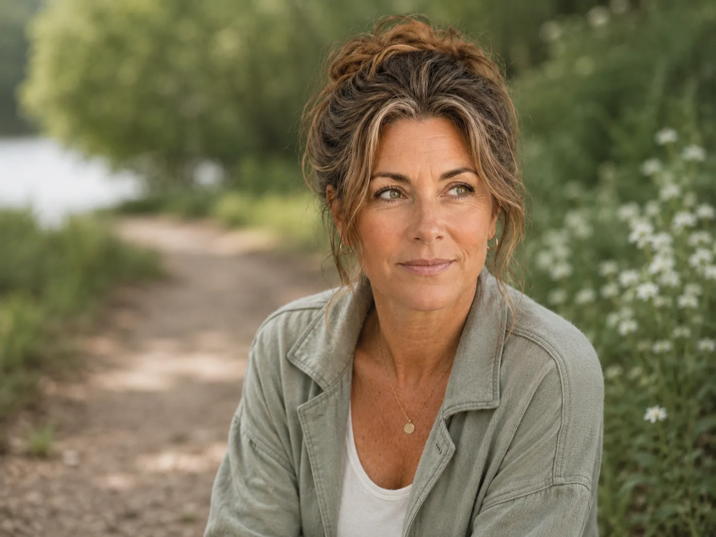 A woman with ADHD sitting outdoors on a quiet nature path, reflecting on capacity, ADHD symptoms, and perimenopause changes.