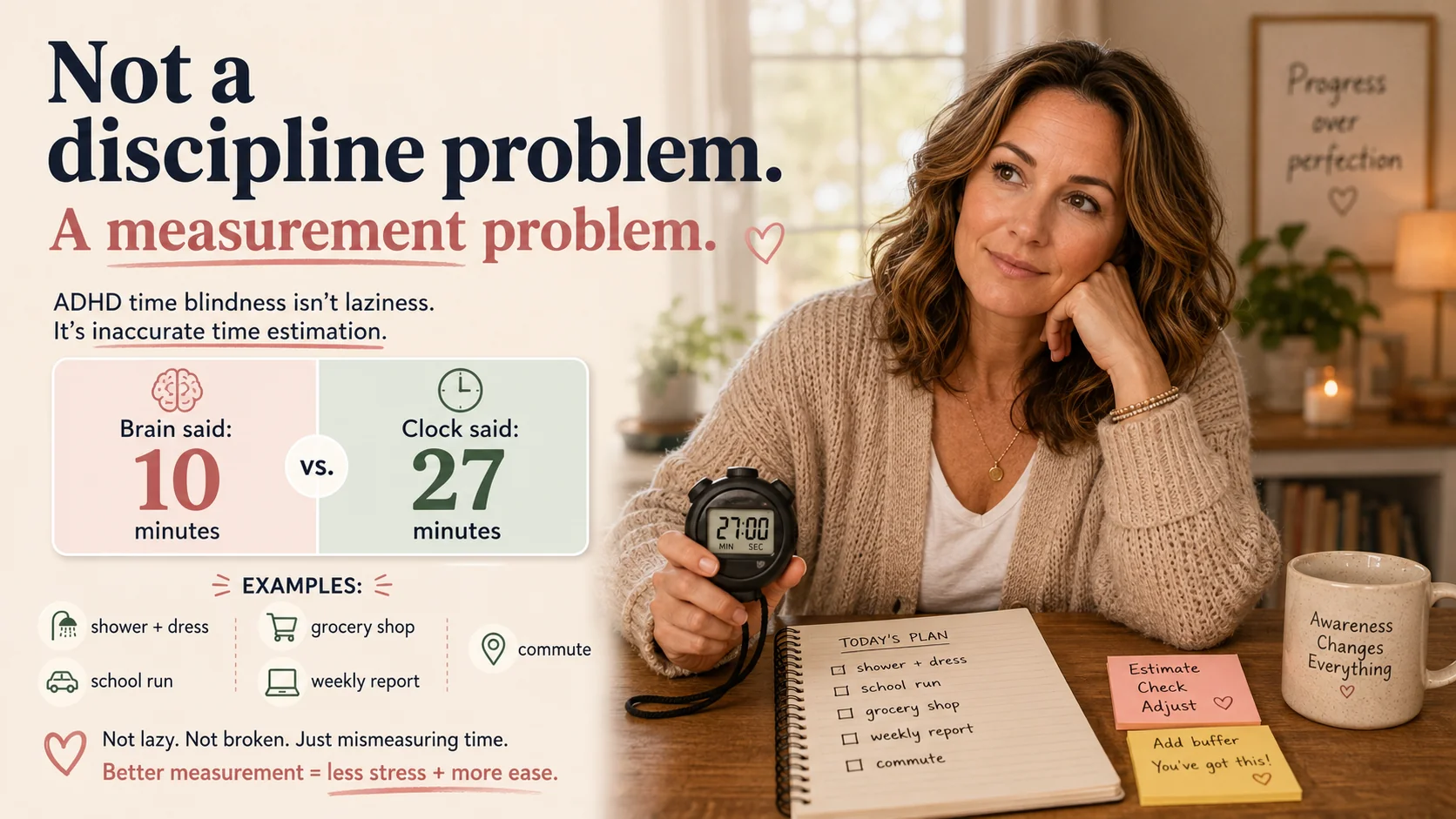 Woman with ADHD using a stopwatch to compare estimated time with real time, showing that time blindness is a measurement problem rather than a discipline problem.