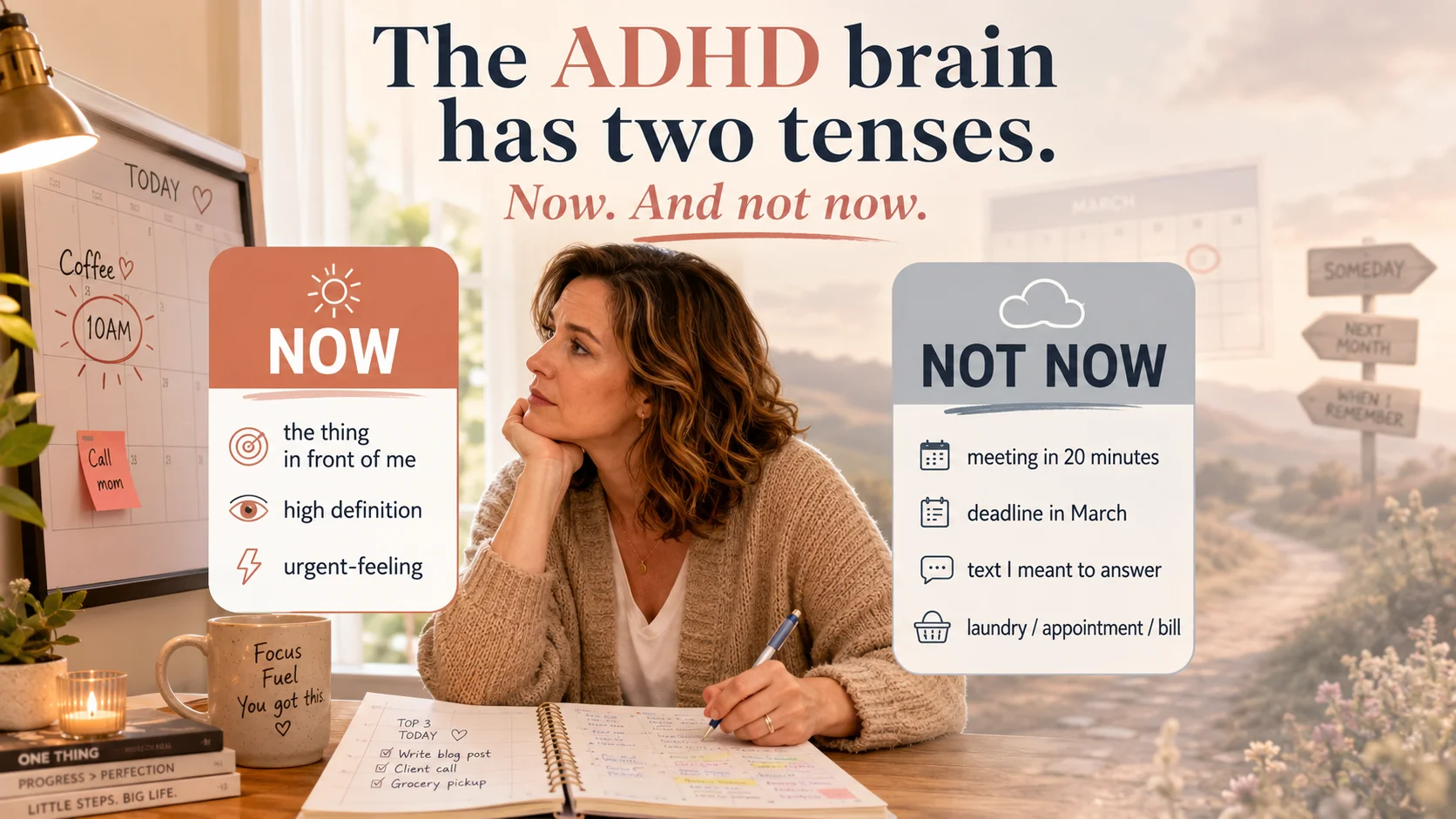 ADHD time blindness infographic showing how the ADHD brain can sort time into now and not now, making future tasks feel distant until they become urgent.