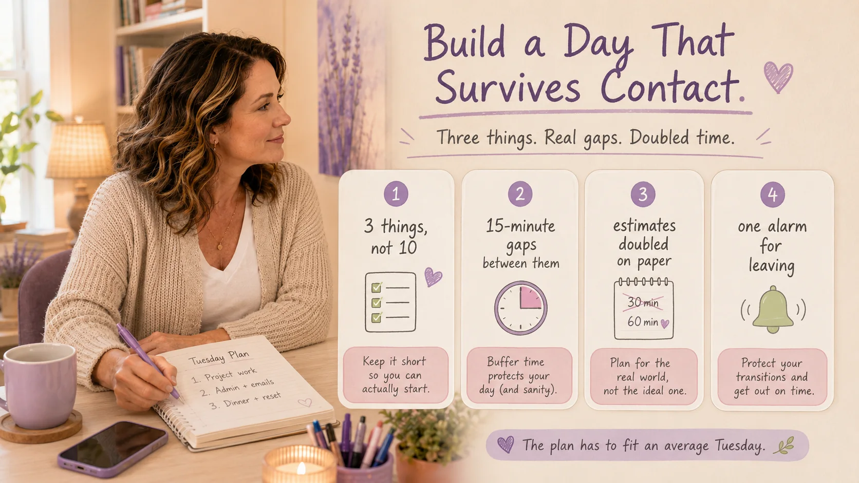 Woman with ADHD writing a simple Tuesday plan with three tasks, real gaps, doubled estimates, and one alarm for leaving.