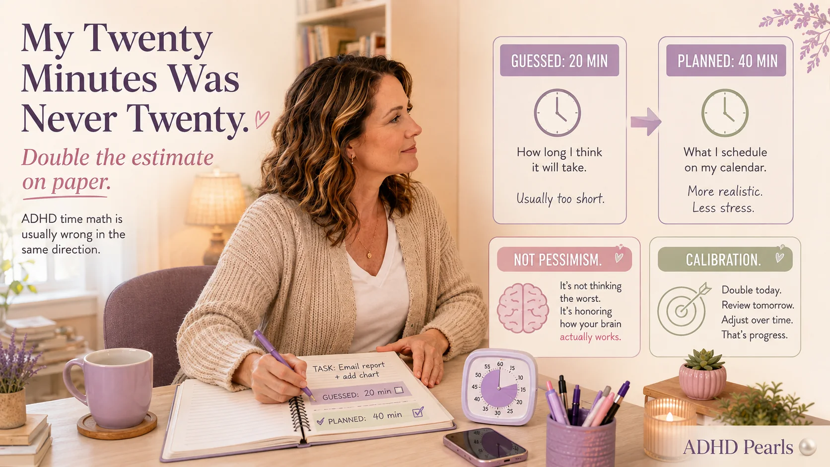 ADHD time management infographic showing how a guessed twenty-minute task becomes a planned forty-minute block when estimates are doubled on paper.