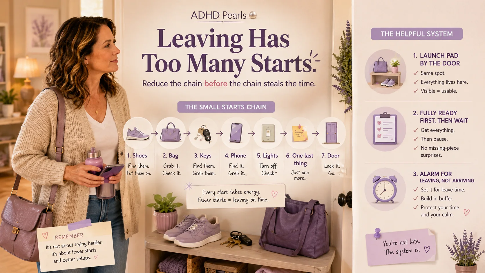 ADHD lateness infographic showing that leaving the house is a chain of small starts including shoes, bag, keys, phone, lights, one last thing, and the door.