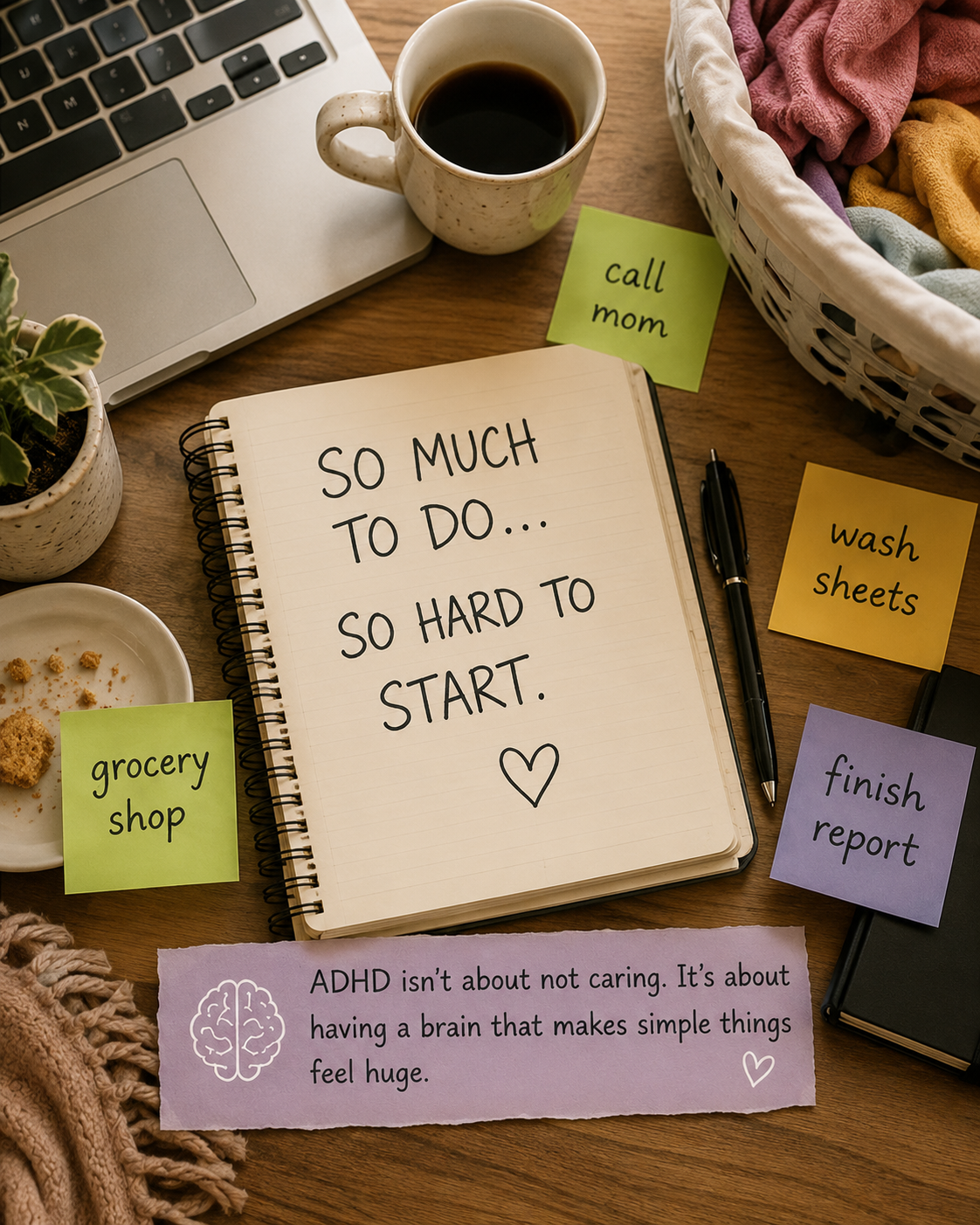 A cluttered ADHD workspace with a planner, sticky notes, laptop, laundry, and simple tasks that feel overwhelming.