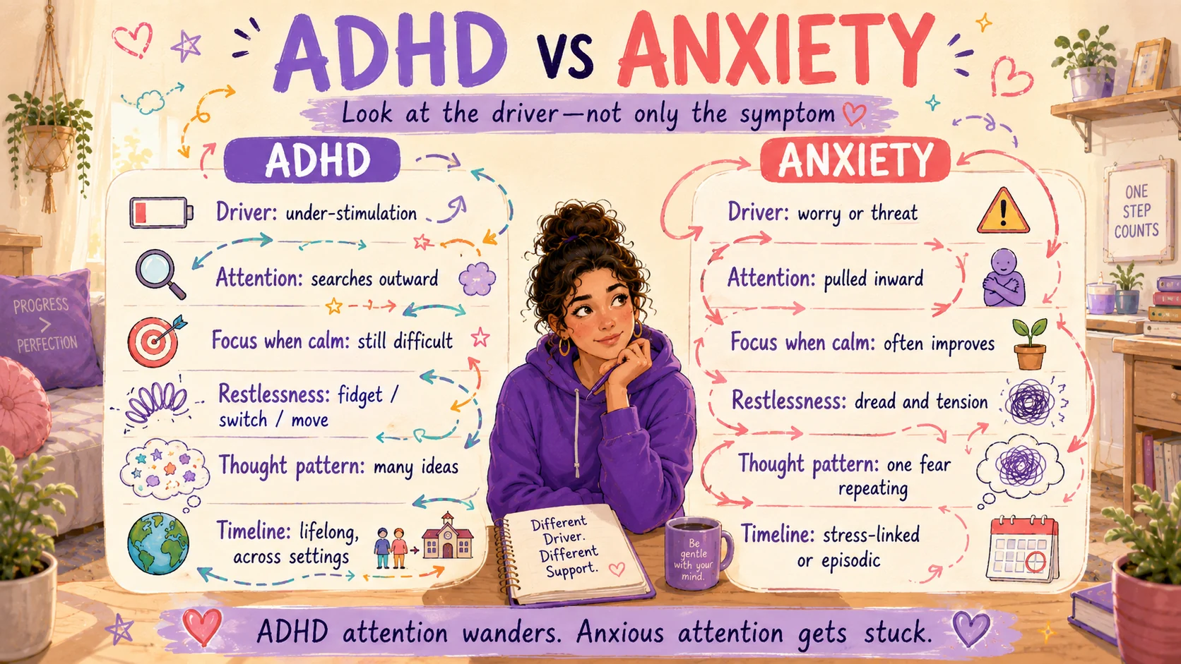 Visual comparison of ADHD and anxiety across underlying driver, attention direction, calm-day focus, restlessness, thought patterns and timeline.