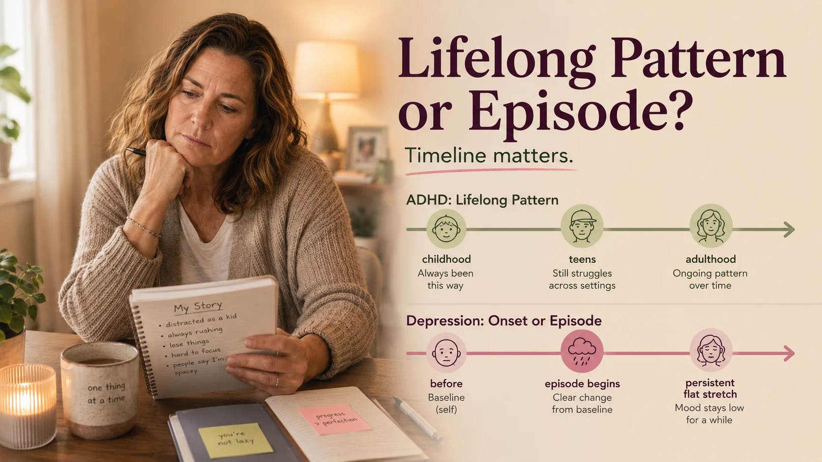 Timeline infographic comparing ADHD as a lifelong pattern with depression as an onset or episode, showing why the timing of symptoms matters.